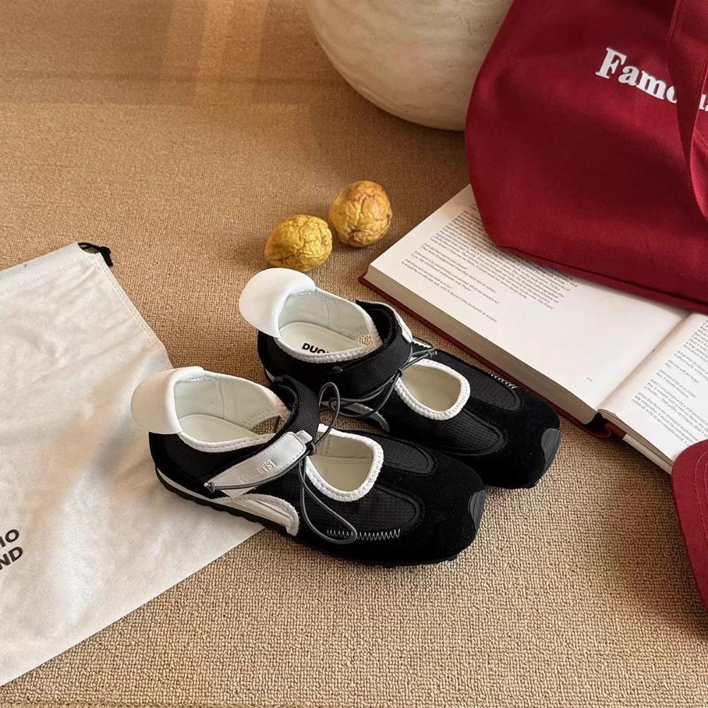 

Fashion Ladies Casual Shoes Soft Leather Sports Mary Jane Shoes Women Square Toe Color Blocked Hollow Velcro Ballet Single Shoes 35 чёрный