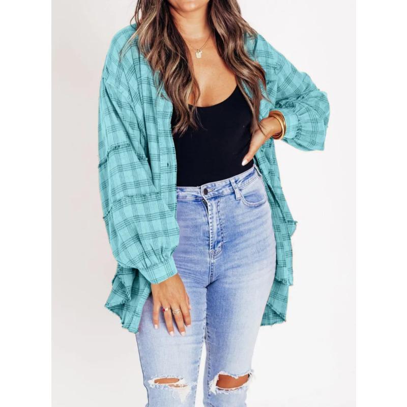Womens Autumn and Winter Updated Style Rosted Lantern Sleeve Comfortable Fit Plaid Blouse