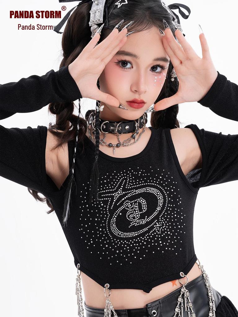 Girls' Trendy Sequin Rhinestone Dance Set: Long Sleeve T-Shirt and Pants for Street Dance Performance