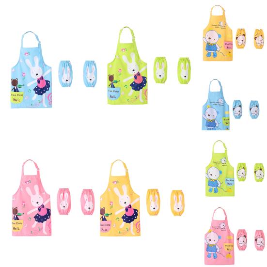 3Pcs/Set Kids Apron Cartoon Animal Print Waterproof Breathable Children Baking Apron with Sleeves for Christmas Gift