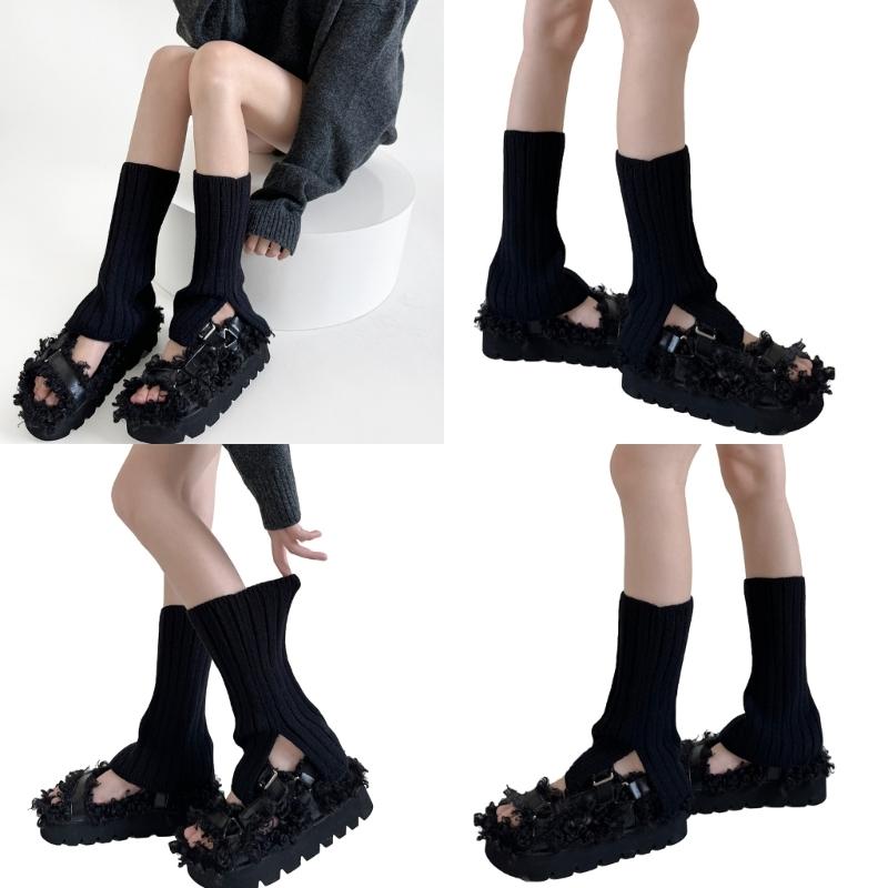 Women's Aesthetic Solid Color Leg Warmers with Side Split Ribbed Knit Boot Covers Footless Socks for Everyday Wear