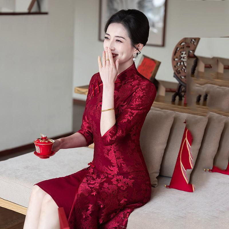 Elegant Vintage Cheongsam Dress Mother Of Bride Wedding Guest Outfit Red Pink Floral Lace Midi