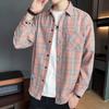Spring and Autumn Models Long-sleeved Lapel Plaid Shirt Men's Versatile Retro Casual Shirt Blouse Jacket Men's Striped Plaid Shirt