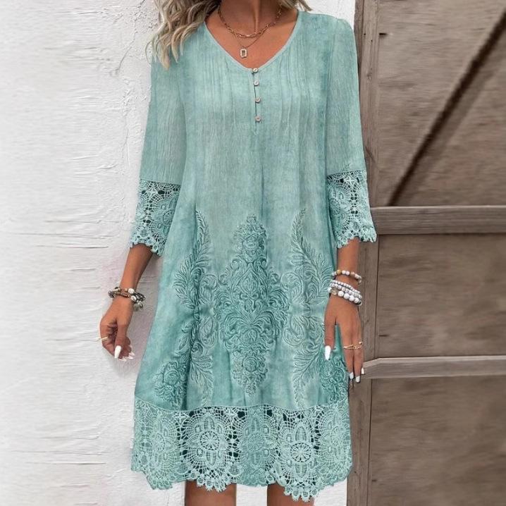 

Fashion Summer Dresses Summer Pattern Lace Splicing Hollowed Out Midi Dress Casual Short Sleeve Dresses Lady Vestido 3XL зелений