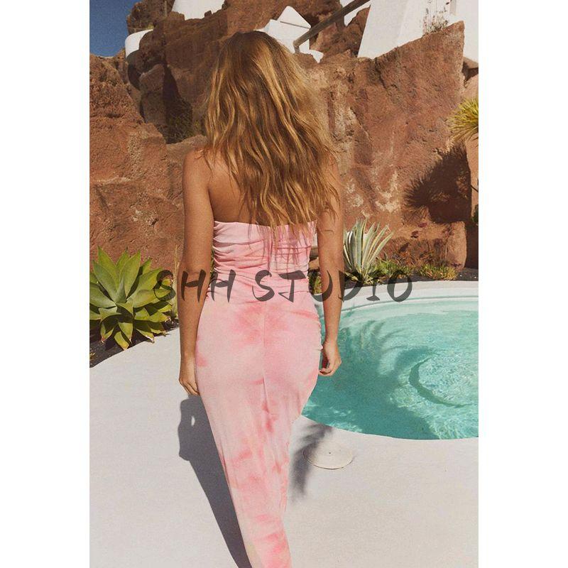 Spring New Women's Clothing Heart-Shaped Collar Ruched Decorative Blooming Print Silk Net Tube Top Dress 3152353