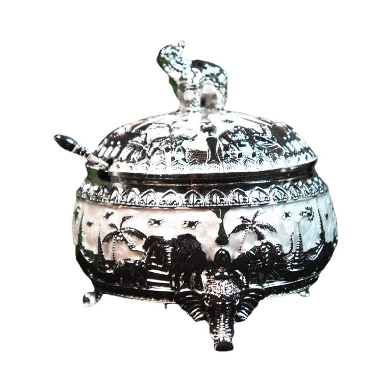 Q1JB Elegant Alloy Sugar Bowl with Lid and Spoon Elephant Kitchen Container Alloy Texture Table Decorating Accessories