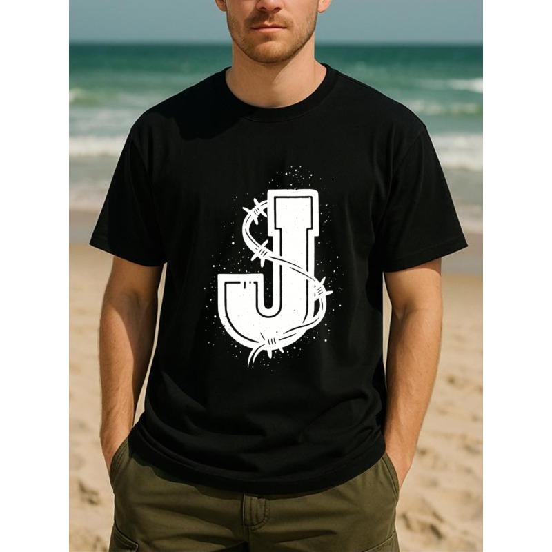 European Size Men'S Print Short-Sleeved T-Shirt with Wire Mesh Letter "J" | Medium Elasticity, Fashionable Style, Loose Crew Neck, Comfortable