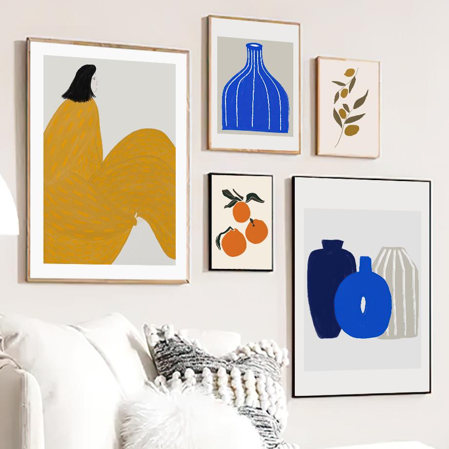 Pears Oranges Fruit Leaves Cutlery Vase Wall Art Canvas Prints Painting Line Posters Girl Figure Pictures For Living Room Decor