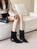 [Fanfna] Frosted kitten heap boots, pointed head sleeve, thick heel, medium heel, short boots, flanged two, wear cowboy boots