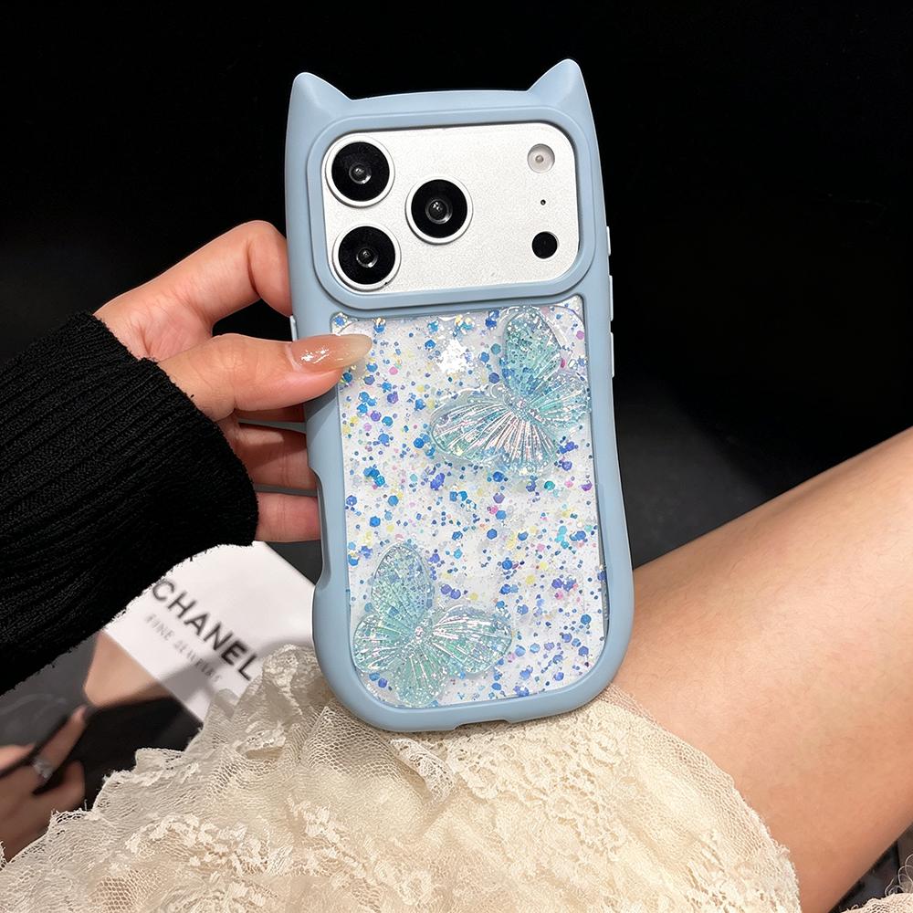 Cute Cat Ears Butterfly Transparent Lanyard Case for iPhone 17e 16 15 14 13 12 Pro Max 17 Air 11 Large Window Soft Edges Cover