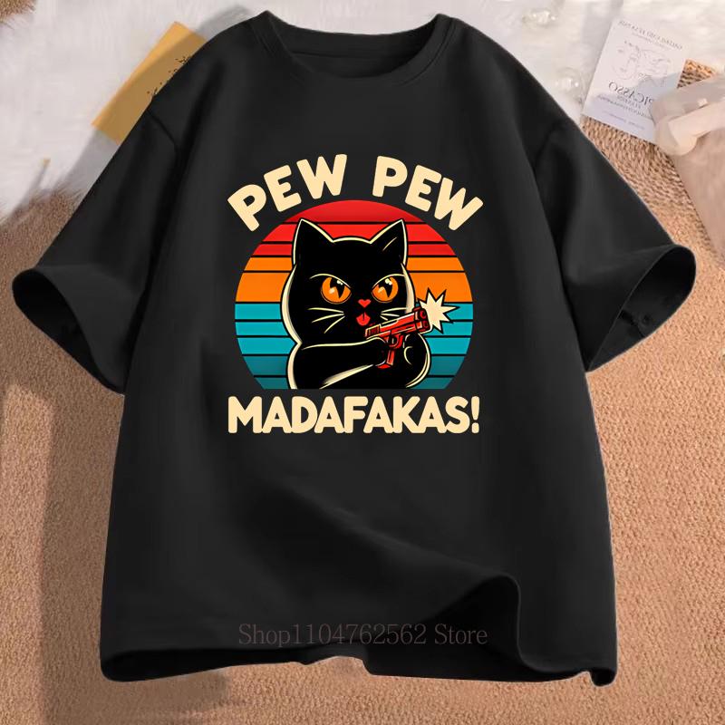 

Pew Pew Madafakas Cat Print Tshirts Summer Cute Funny Casual Fashion Unisex Women Short Sleeve Tops Oversize ONeck Tshirts 4XL