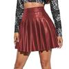 Women Pleated Skirt Faux Leather High Waist A-line Loose Hem Solid Color Clubwear Party Dance Skirt Above Knee Length Mini Skirt