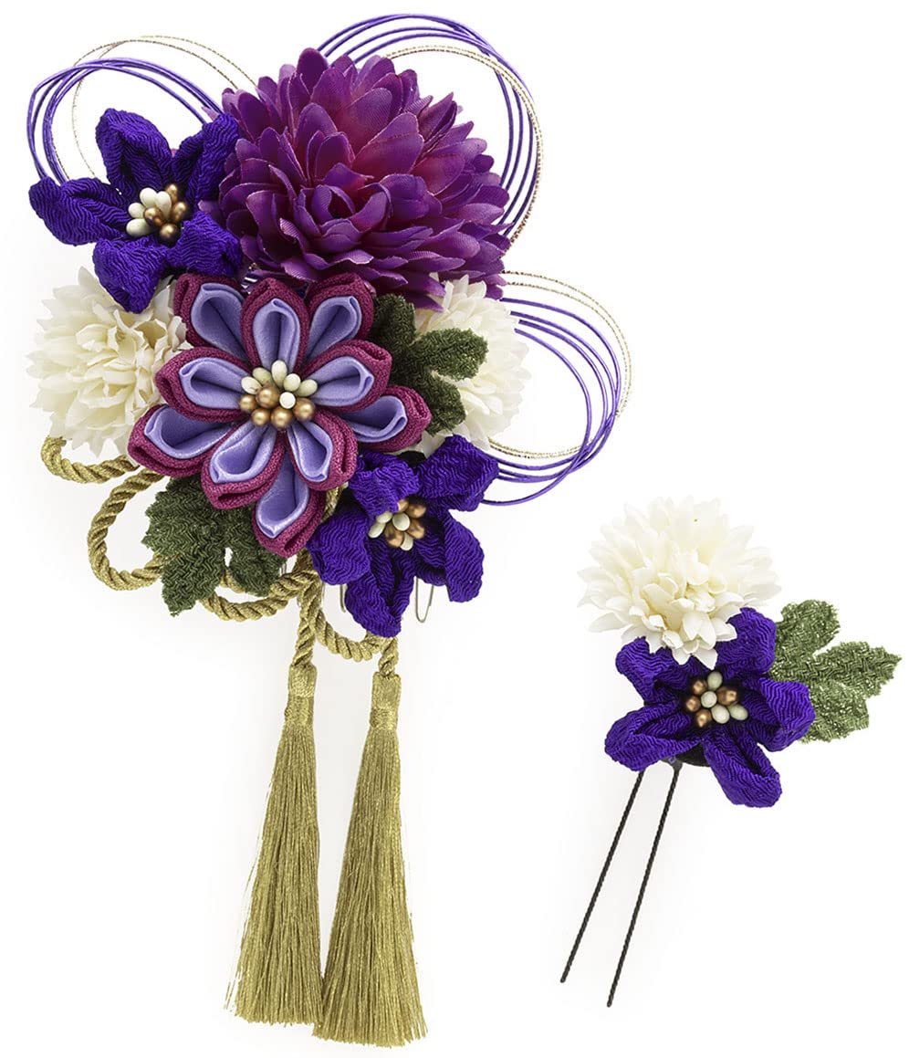 

[SOUBIEN] Hair Ornament Set for Graduation and Coming-of-Age Ceremonies: 2-piece Tsumami-zaiku set in purple with chrysanthemum, ping pong mum, mizuhi