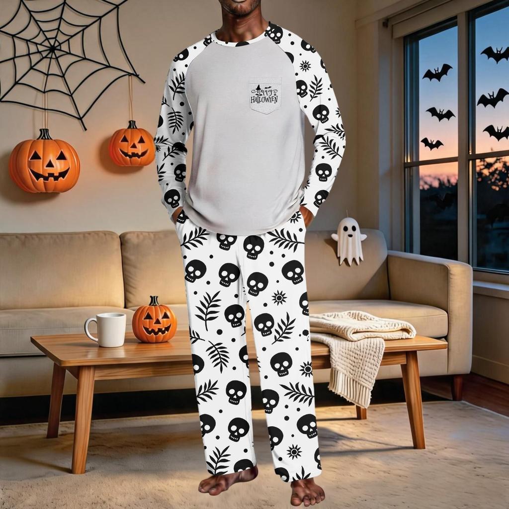 Men's Halloween Pajama Set with Raglan Long Sleeve Top, Pockets and Elastic Waist Pants - Loose Fit 2-Piece Sleepwear