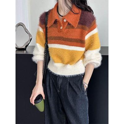 2024 Autumn Women's Korean Style Color Block Knitted Sweater with Retro Lapel - Orange Zhi 302