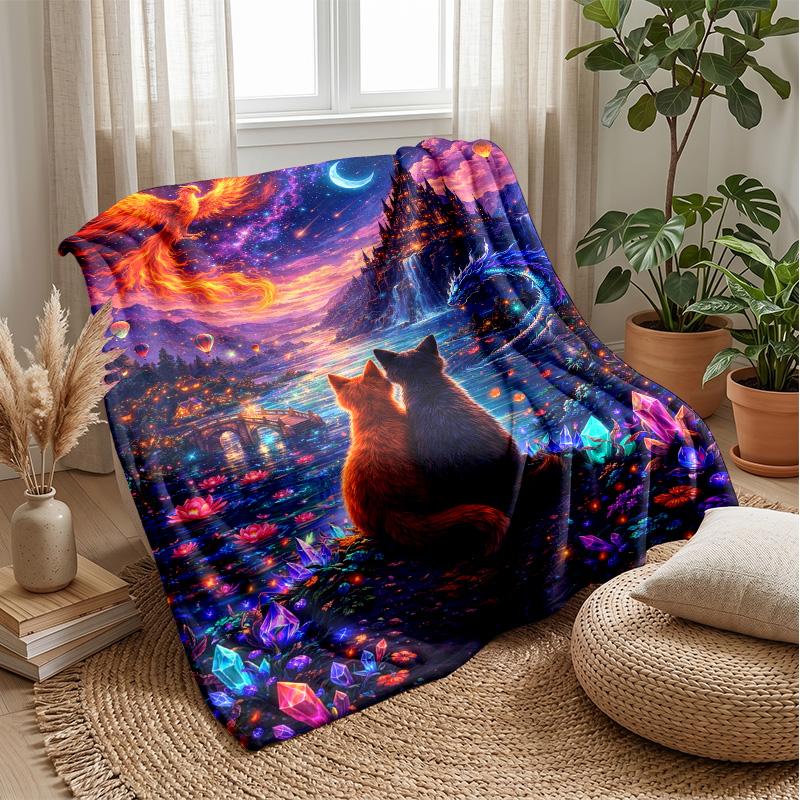 Fantasy Cats and Castles Theme Blanket Lightweight Warm Flannel Blanket Decorative Throw Blanket for Home Decoration