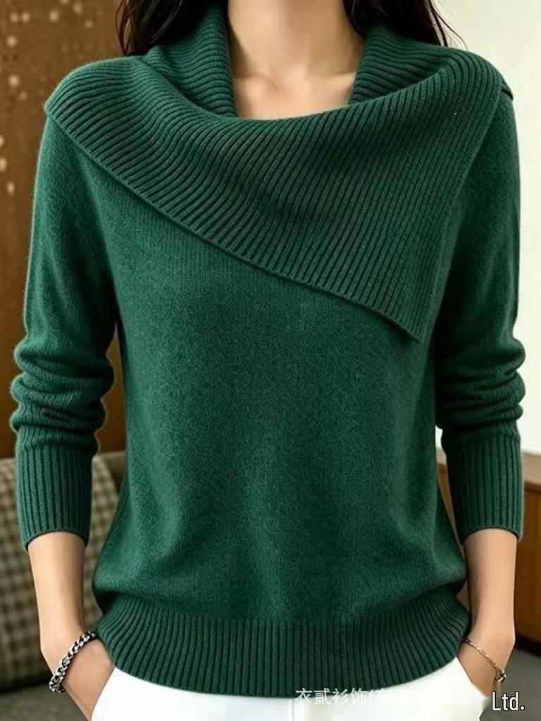 Asymmetrical Lapel Knit Sweater - Solid Color, Slim Fit, Versatile Long Sleeve Wool Sweater for Women