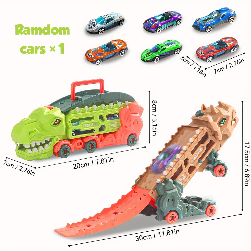 Transport Dinosaur Truck with Foldable Sliding Race Track, Transforms into Standing T-Rex & Trike, Best Birthday Gift for Kids