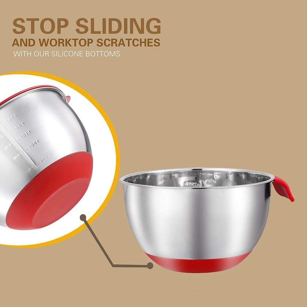Mixing Bowls with Lids Set - Nesting Bowls with Graters, Handle, Pour Spout, Airtight Lids - Stainless Steel Non-Slip Mixing Bowl(Set of 3)