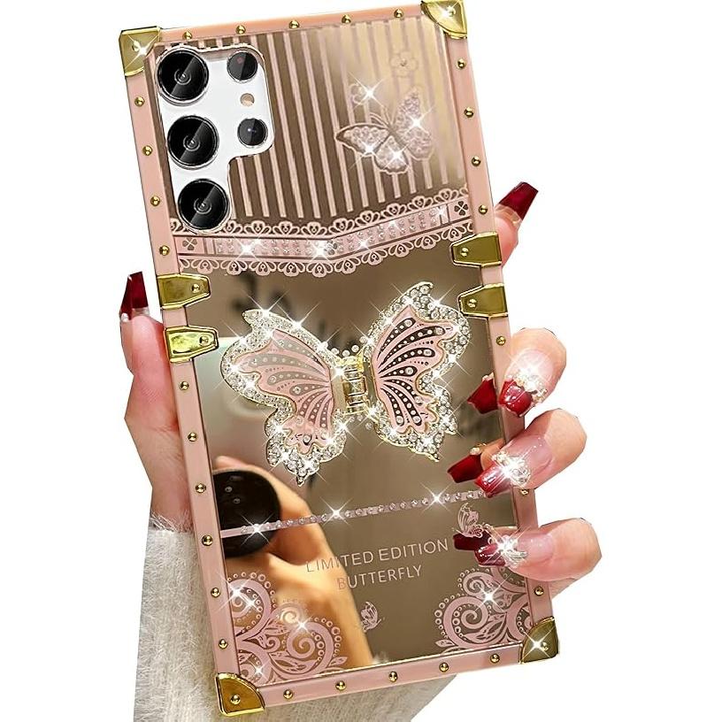 for Samsung Galaxy S25 Ultra Glitter Kickstand Case, Cute Luxury 3D Bling Sparkly Floral Diamond Butterfly with Ring Stand Elegant Shockproof Women
