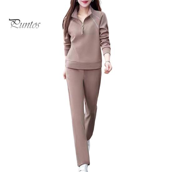 

2 шт./комплект женский свитер брюки костюм на молнии воротник стойка длинные рукава спортивный свитер эластичный пояс брюки фитнес костюм осень весна спортивный костюм M хаки