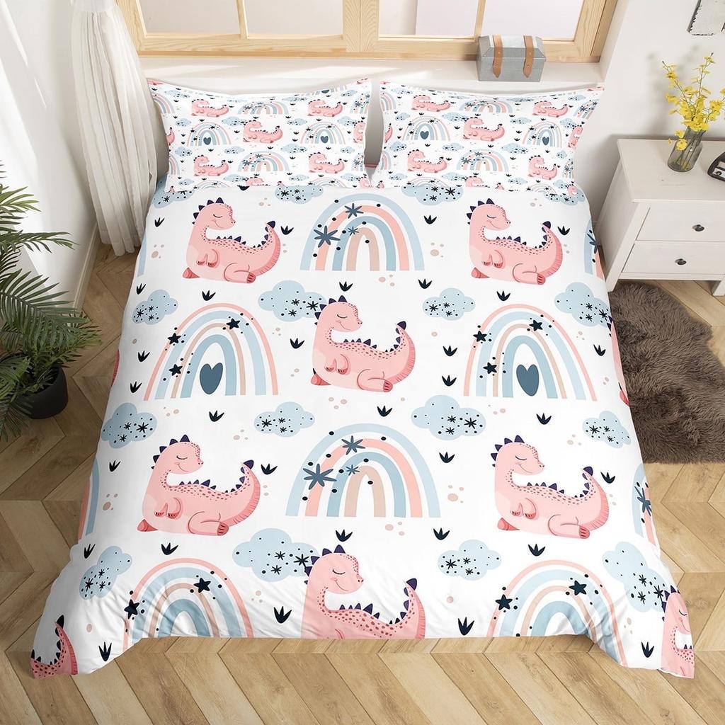 Colourful Dinosaur Duvet Cover For Kids Boys Girls Cartoon Dino Comforter Cover Floral Grass Mountain Bedding Set Wild Animal