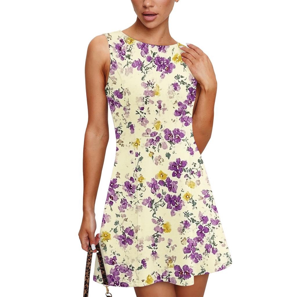 Women's Summer Dress Casual Sleeveless Round Neck Floral Print Vest Sundress