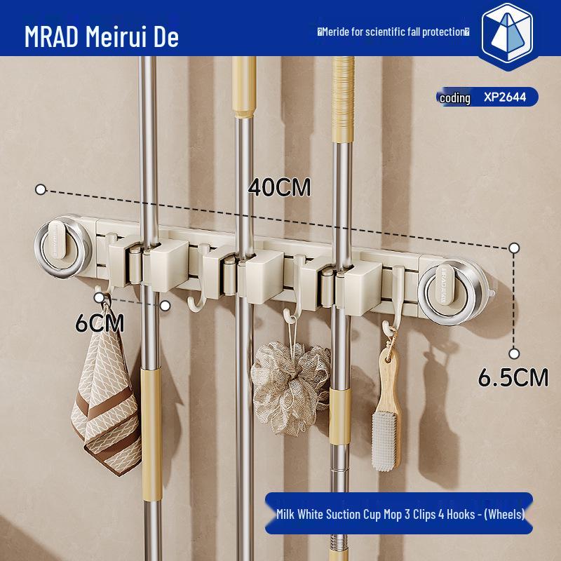 Movable Suction Cup Mop Clip Wall-Mount Storage Rack