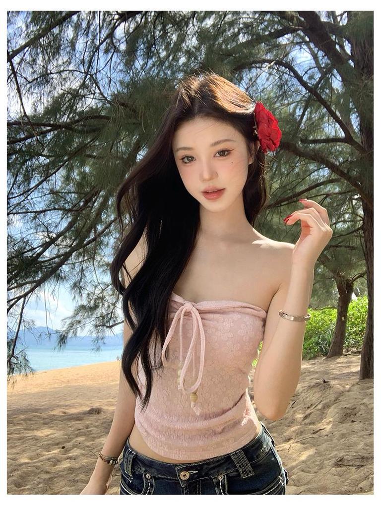 Růžový květinový šněrovací bandeau top - Dámský jarní/letní zeštíhlující top bez rukávů