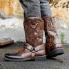 Men's Large Size Western Cowboy Leather Boots - Autumn Embroidered, Square Toe, High Top.