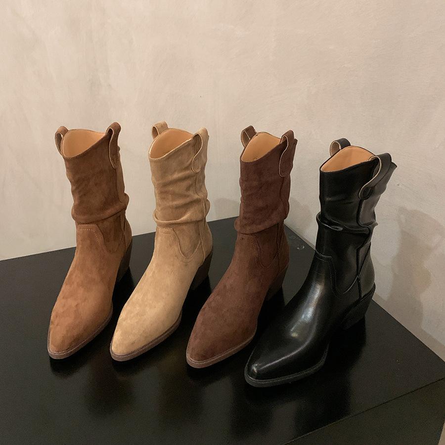 Thick Heel Retro Pointed Mid Boots Knight Boots Women's 2025 New Autumn and Winter Stacking Short Boots Suede Martin Boots