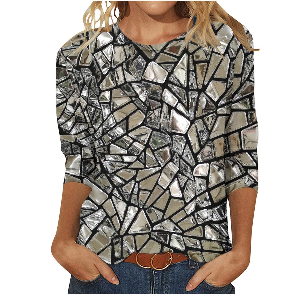 Round Neck 3D Printed Geometric Diamond Pattern Top Fashionable Casual Long Sleeved Women's T-shirts
