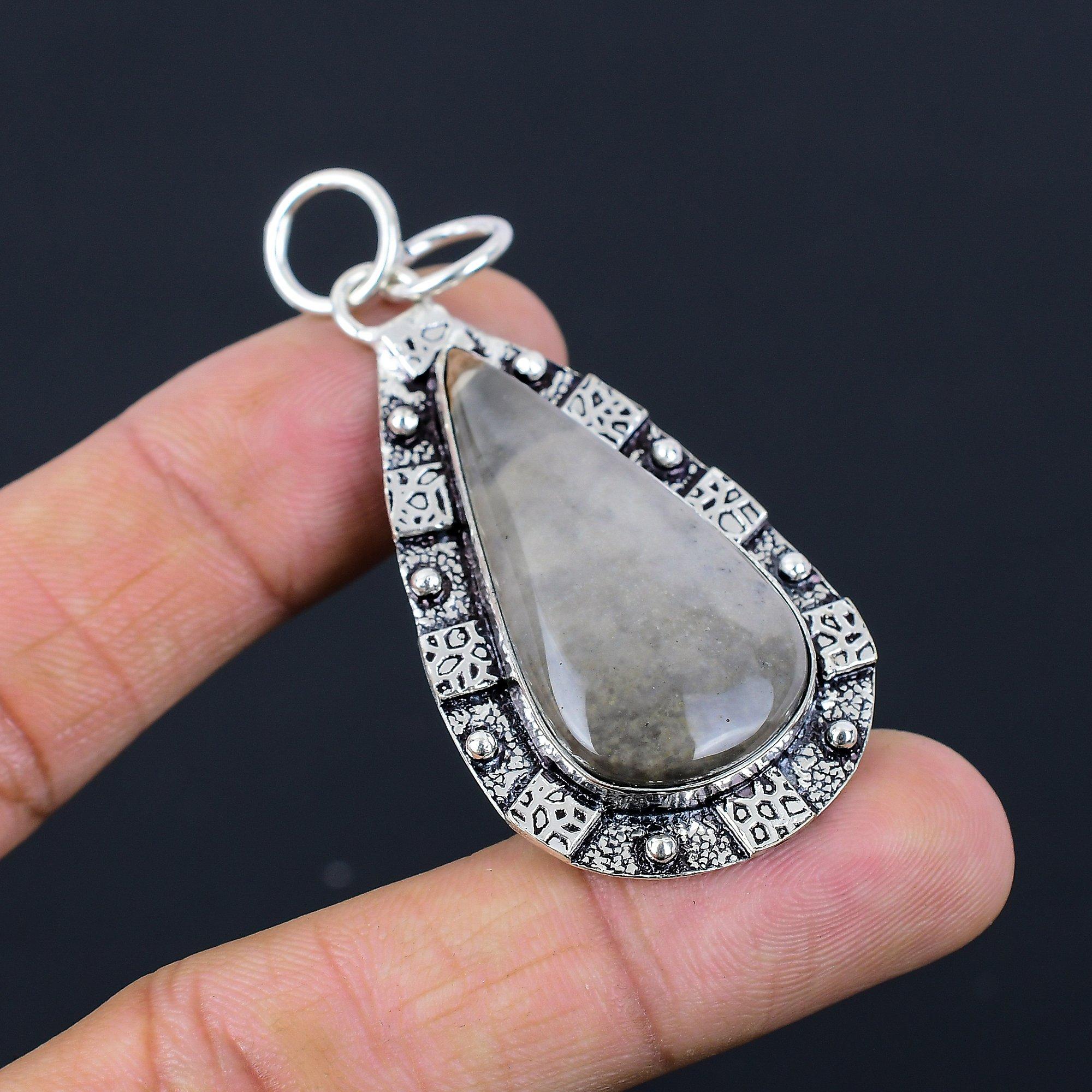 Memorial Day Sale Sterling Silver Pear Polychrome Jasper Gemstone Bezel Pendant