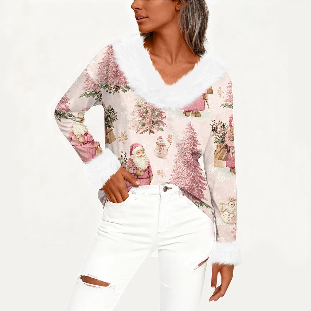 Women's T Shirt Tee Christmas Shirt Long Sleeve Party Christmas Print Fleece Collar V Neck Top