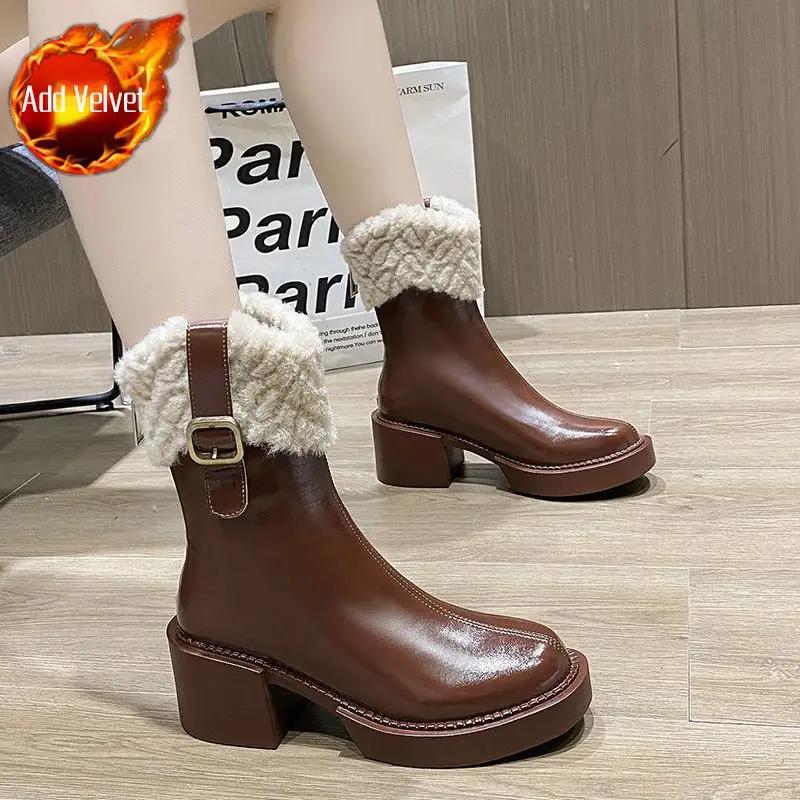 

Женская обувь элегантная на среднем каблуке плюс теплая зимняя 2024 женские сноубутсы по акции весенне-осенние плюшевые не скользкие готические 39 40