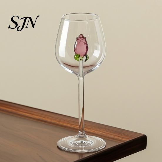 Bicchieri di Lusso per Feste Bicchiere da Vino Rosso con Rose e Foglie Verdi Decorato, Calice Trasparente Squisito Design Floreale, Bicchiere Decorativo,