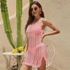 Weißes Häkel-Minikleid mit offener Strickstruktur, V-Ausschnitt, ärmellos, seitlicher Schlitz, Strand-Überwurf