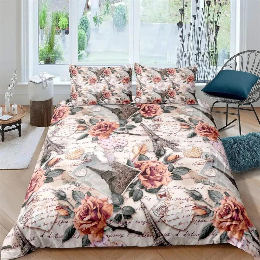 Eiffel Tower Duvet Cover Set Paris France Bedding Sets Queen Size Old Newspaper Style Comforter Cover for Men Women,Gray Stylish