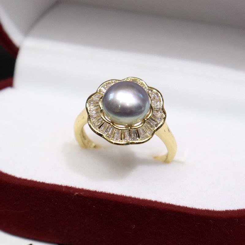 High Luster Freshwater Pearl Ring with Slight Imperfections, 8-9mm, Open Design, 18K Gold Plated, Cubic Zirconia Accents