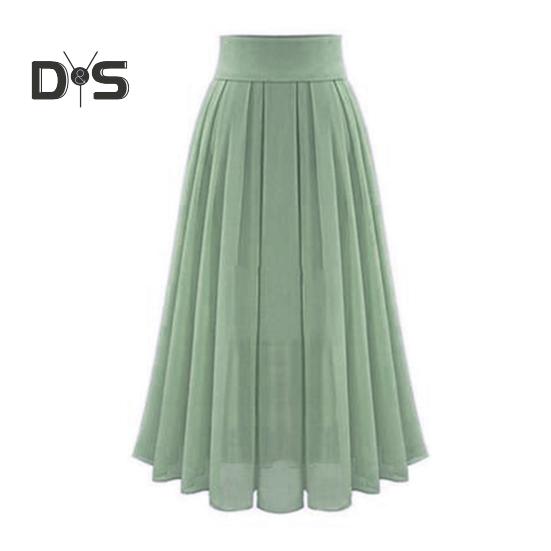 Women Skirt High Waist Pleated Loose Solid Color Elastic Waist Soft Double Layered Mid Calf Length Lady Prom Party Daily Midi Skirt