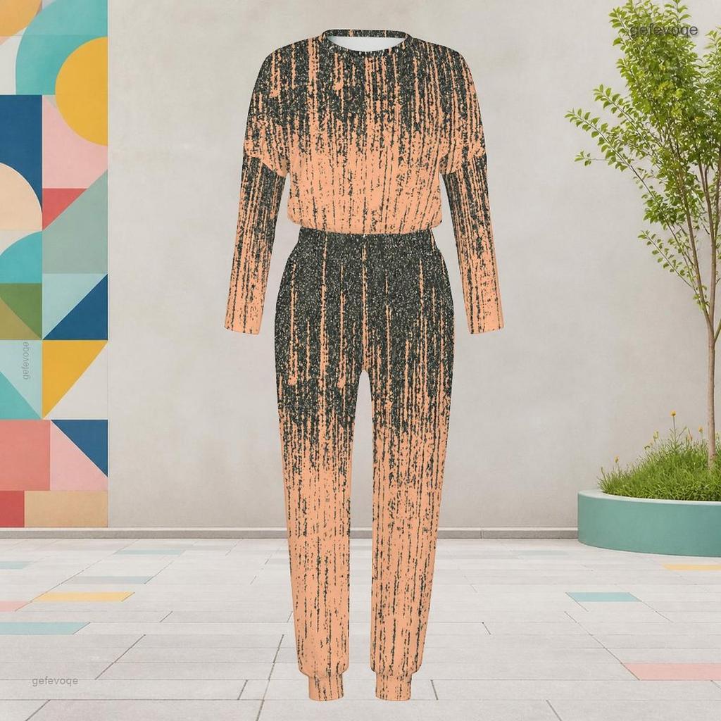 Women Plus Size Patchwork Printed Round Neck Long Sleeve Cuffed Top And Pants With Pockets Two Piece Set