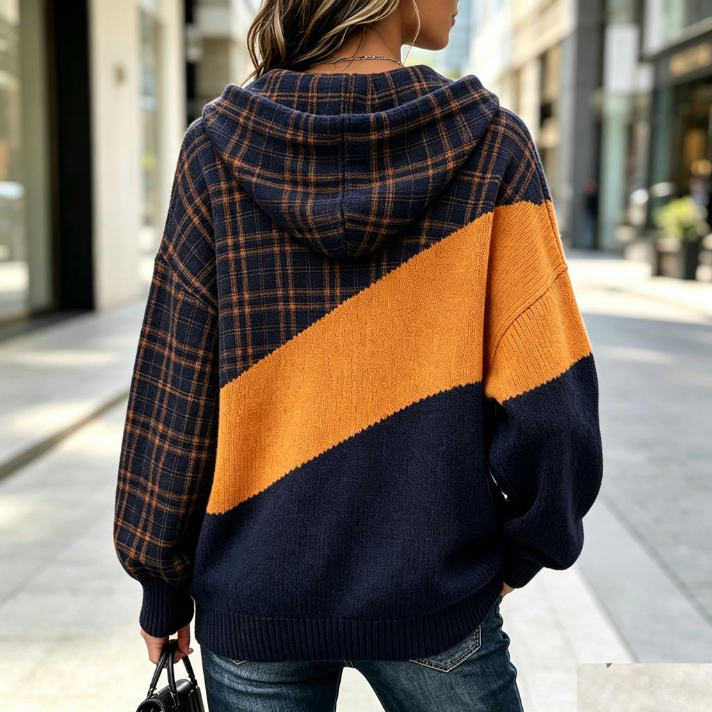 Dámský ležérní retro top s kapucí a barevným patchworkovým pruhovaným designem