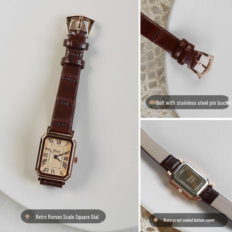 Rscy Retro Women's Genuine Leather Small Square Dial Quartz Watch – Light Luxury and High-End Niche Design