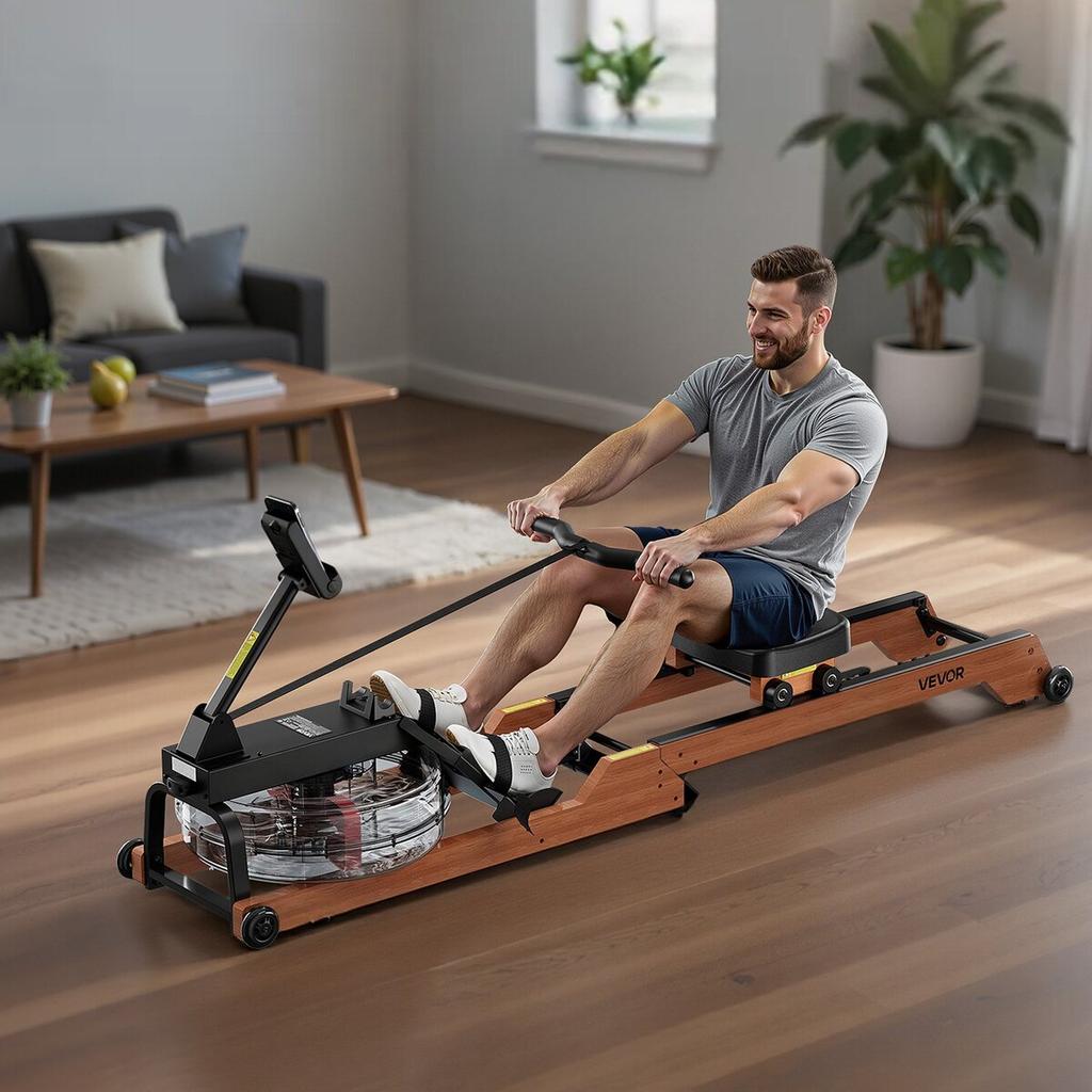 Wasser-Rudergerät, 6-stufiger leiser Widerstand, faltbares Holz-Rudergerät mit 14L Wassertank & LCD-Monitor, Bluetooth-App-kompatibel, 158kg