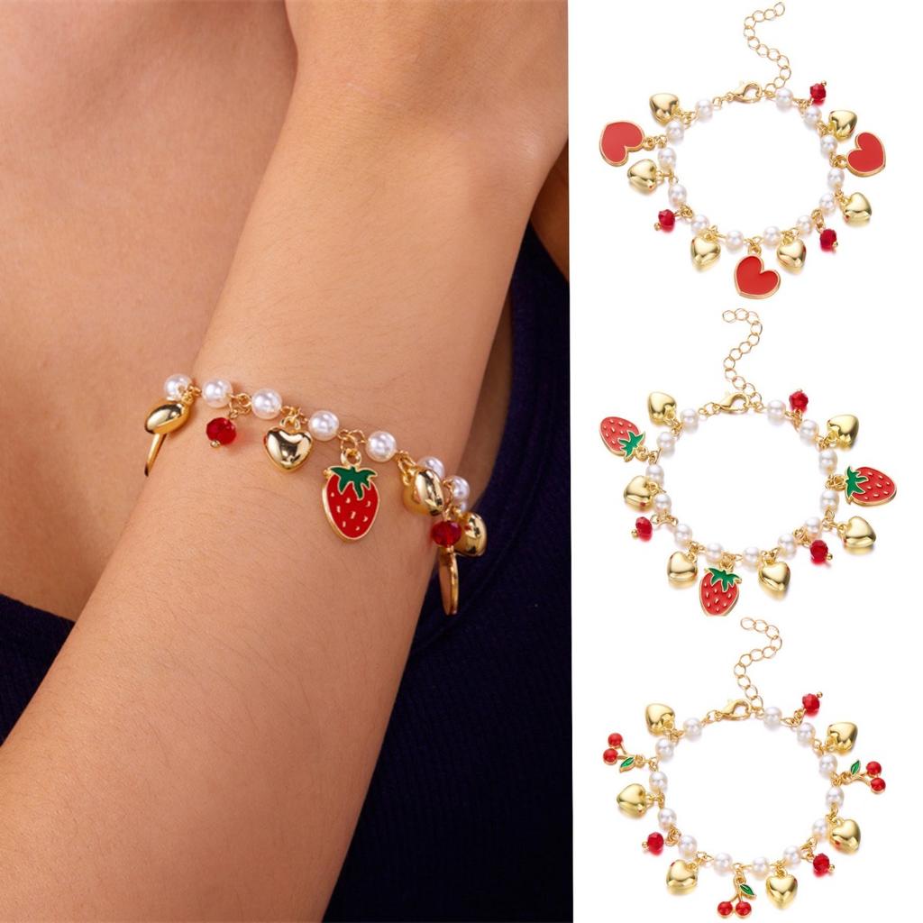 Hypoallergenic Stainless Steel Women's Bracelet with Cherry Strawberry Heart Pearl Chain - Gift Party Bangle Accessory for Girls