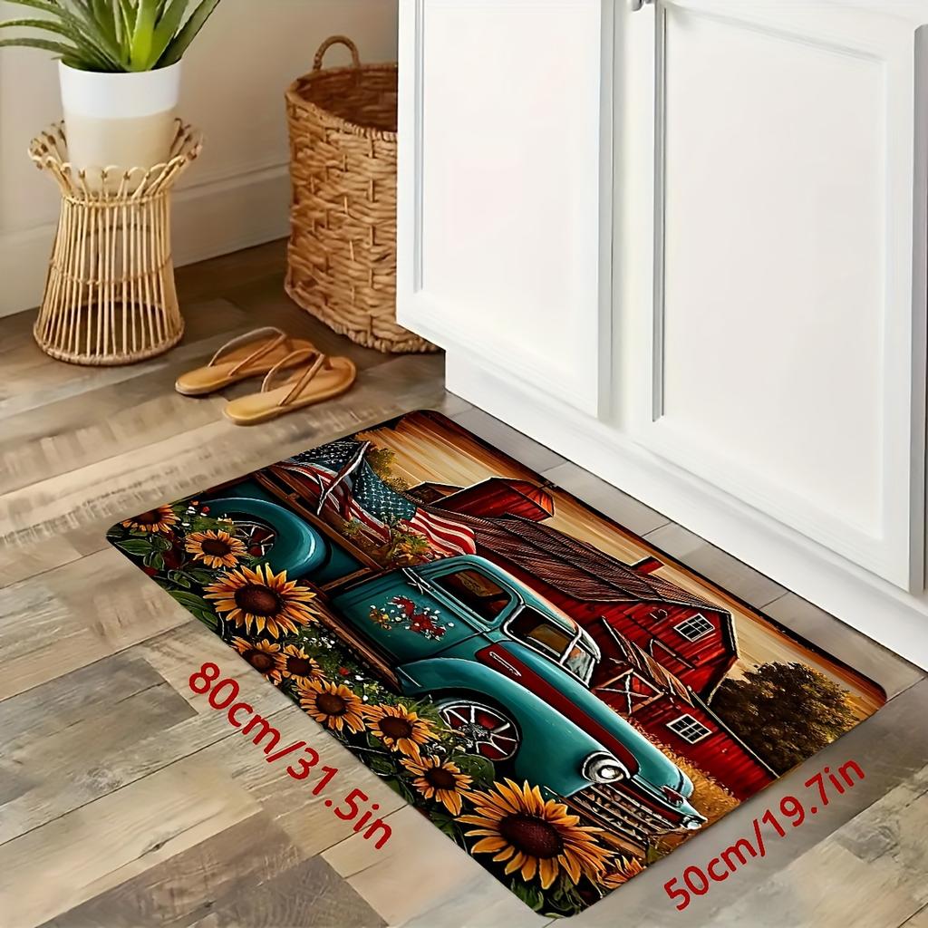 Vintage Car & Sunflower Rug for Living Room Decor | Farmhouse Style Area Rugs with Barn Design | Home Décor Accessories