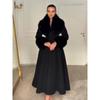Women Wool Blend Coat Faux Fur Collar Cuffs Fitted Waist Flared Maxi Silhouette Outerwear Winter Elegant Street Overcoat
