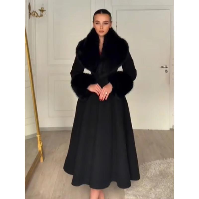 Women Wool Blend Coat Faux Fur Collar Cuffs Fitted Waist Flared Maxi Silhouette Outerwear Winter Elegant Street Overcoat