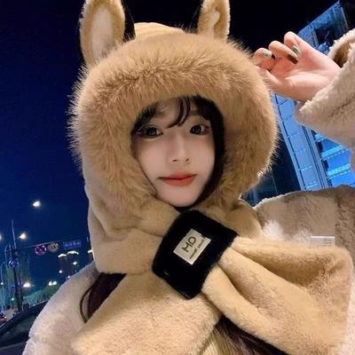 Plush Hat Scarf Integrated Women's Autumn and Winter Cute Warm Ear Protection Scarf Versatile Fox Ear Hat