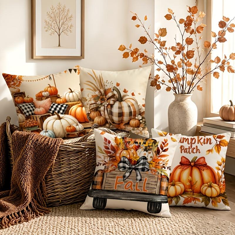2D Double-Sided Printed, 4pcs Autumn Country Farmhouse Pillow Covers Suitable for Kitchen Sofa Bedding, Plaid Pumpkin Fall Leaf & Vintage Truck Cushio